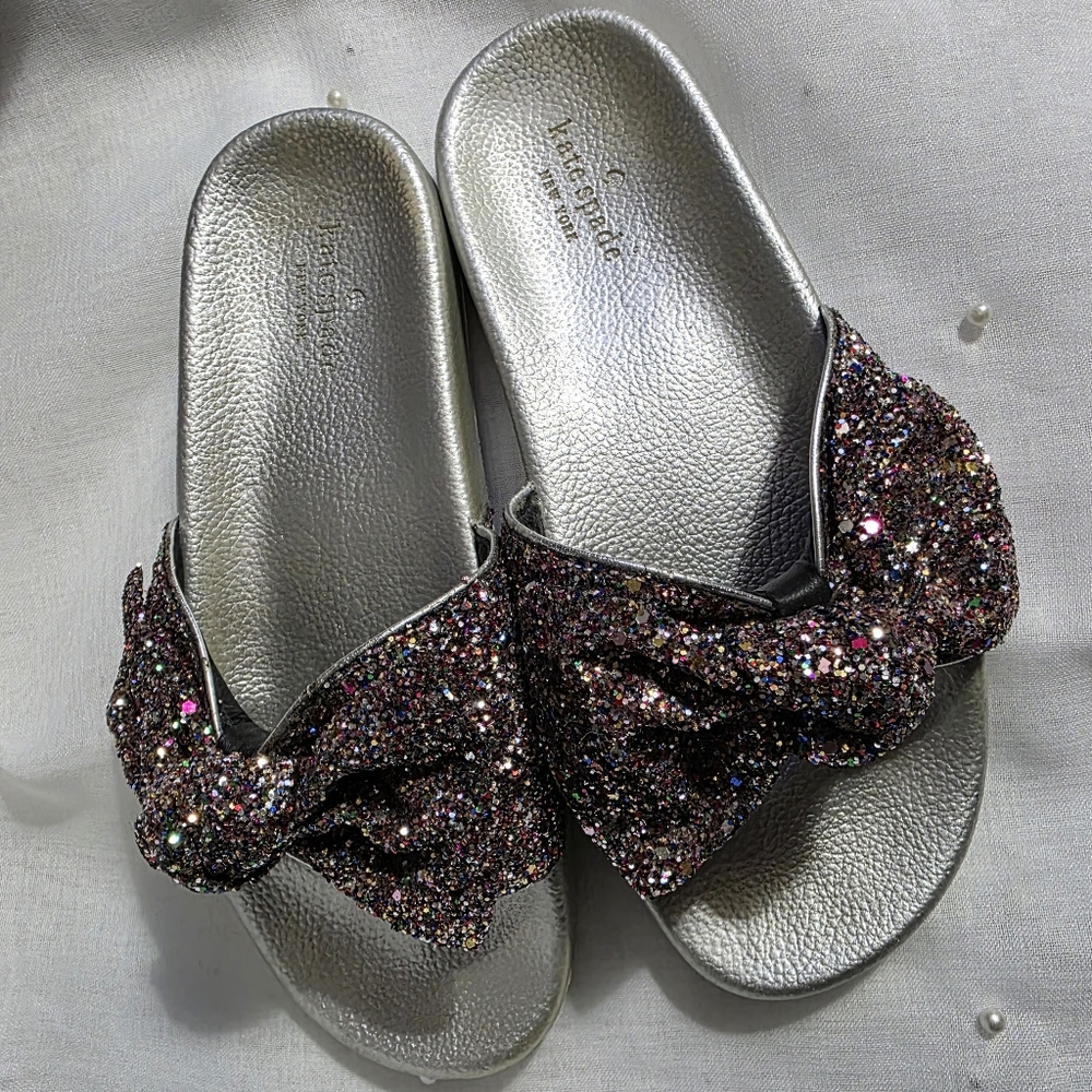 KATE SPADE GLITTER BOW SLIDES 7 PRETTY